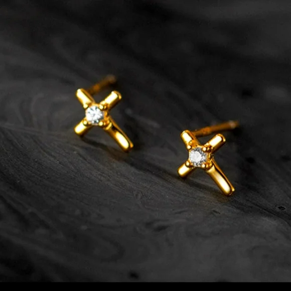 NWOT Sterling Silver Gold Plated and Rhinstone Cross Earrings - Picture 1 of 3
